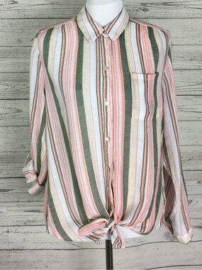 New Directions Women’s Multicolor Striped Button Tie Front Top Blouse Size L